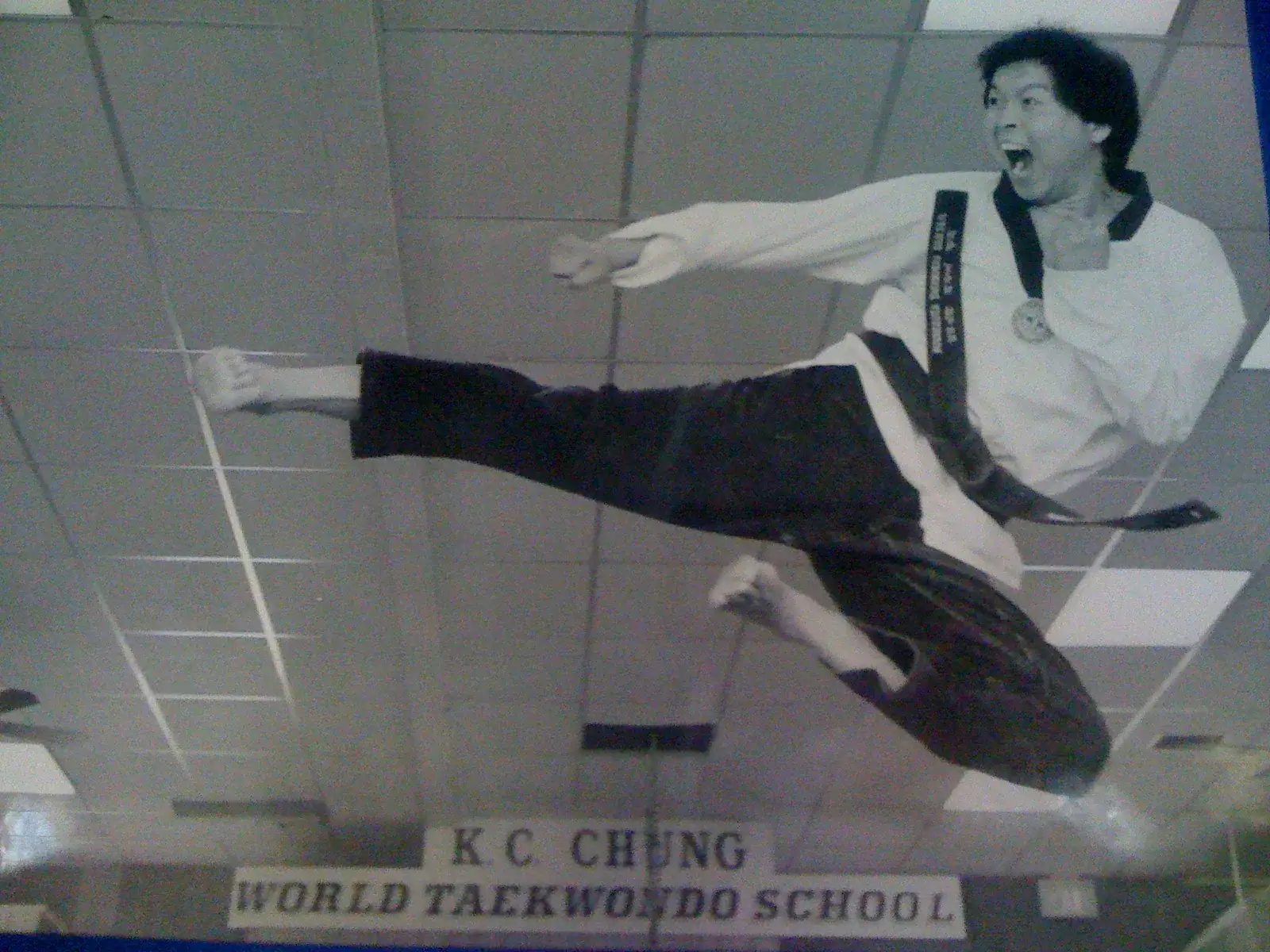 Historic photo of Grandmaster K.C. Chung performing a flying side kick, from the World Taekwondo School sign